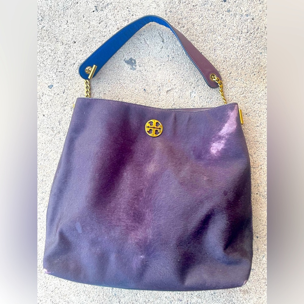 Tory Burch Calf Hair Shoulder Bag Colorblock Purple Green